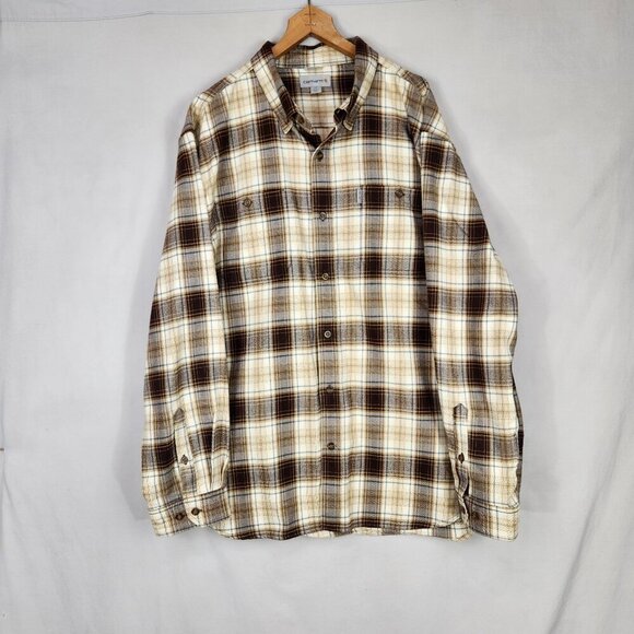 Carhartt Men's Plaid Button Down Shirt - Brown and Cream - Picture 1 of 7